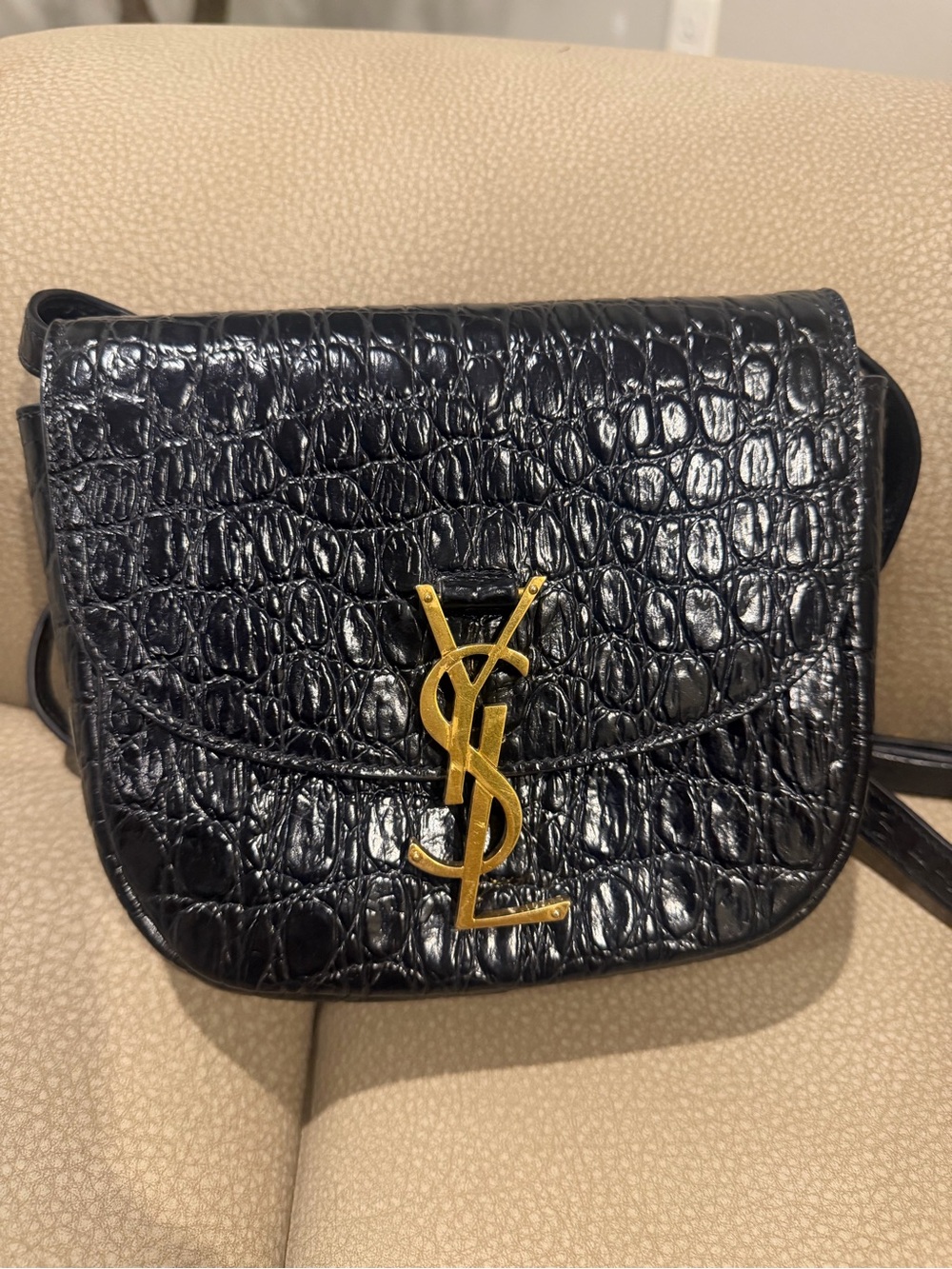 Saint Laurent Small Kaia Black Croc-Embossed Crossbody with Gold YSL Logo